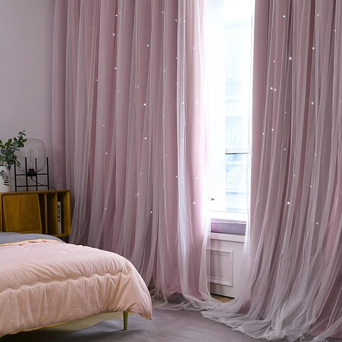 Kinryb Princess Curtains for Girls Bedroom with Sheer Overlay,Double Layer Curtain for Living Room with Star Cutout, Curtains for Kids Room (52 W*45 L Inches,2 Pcs Pink)
