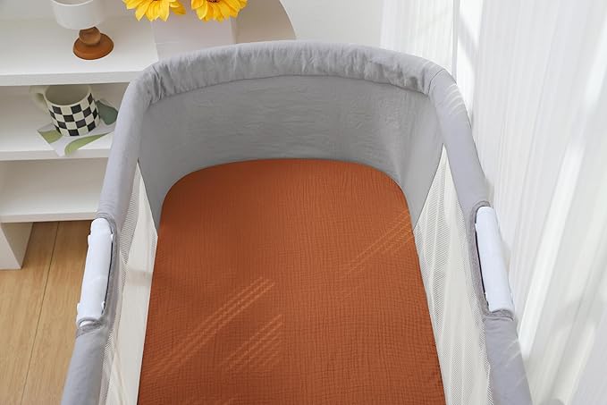 Onacosht Muslin Bassinet Sheets 33" x 19" Compatible with Mika Micky, KoolaBaby (3 in 1), BabyBond, HARPPA and RICUTON Bedside Bassinet, 2 Pack for Baby Boy and Girl, Yellow and Brick