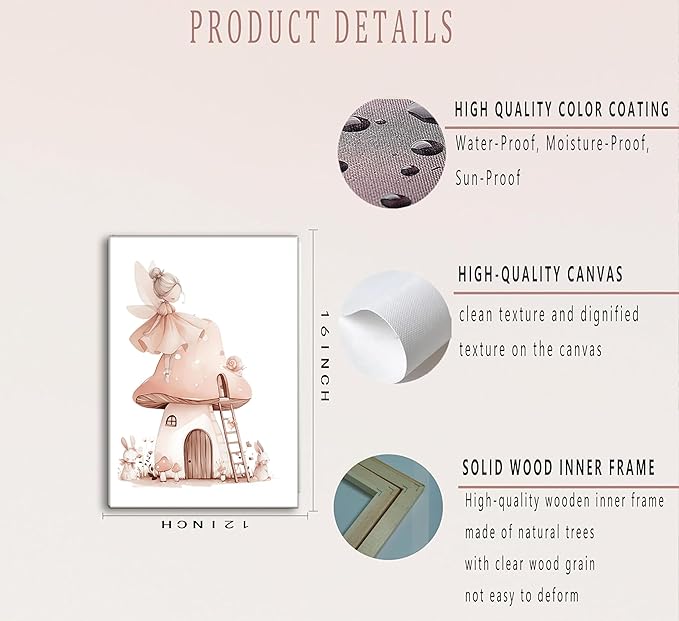 UNDDISINS 3 Pcs Pink Fairy Nursery Canvas Wall Art Girs Room Pink Nursery Painting Picture Wall Decor Cute Fairy Posters Art Fairies Paintings Artwork for Kids Room Toddler GirlRoom Home Decoration