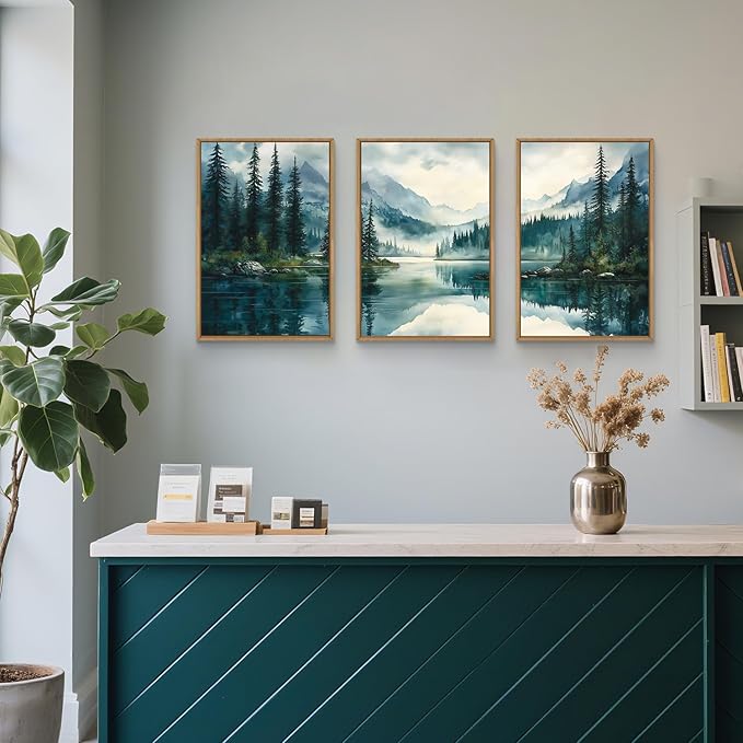 HLNIUC Green Foggy Forest Mountain Wall Art Framed,Large Boho Watercolor Pine Tree Wall Decor set of 3 (16"x24"), Nature Dark Lake Landscape Scenery Canvas Painting for Living Room, Bedroom, Office