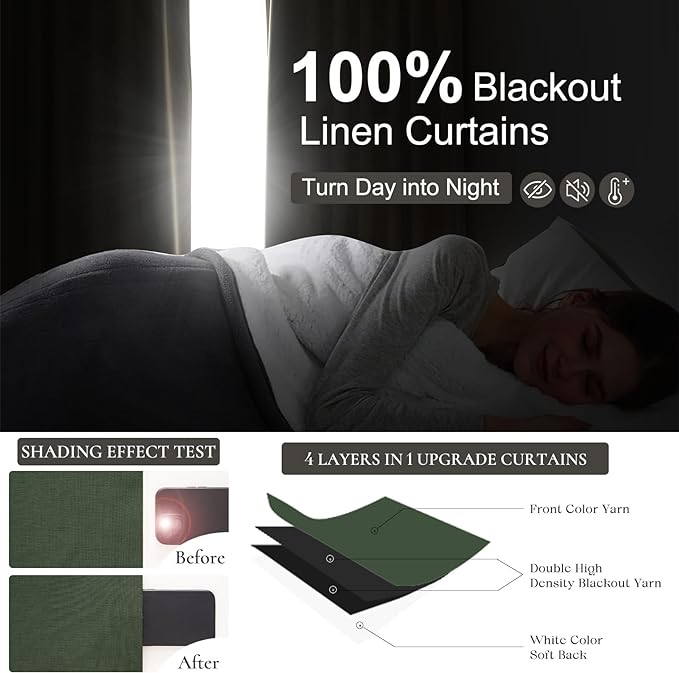 Elegant Blackout Curtains for Living Room Dark Olive Green Linen Blended Closet Cover Curtains 90 Inch Length 2 Panels Set Long Kitchen Drapes Back Tab/Rod Pocket/Hook Belt