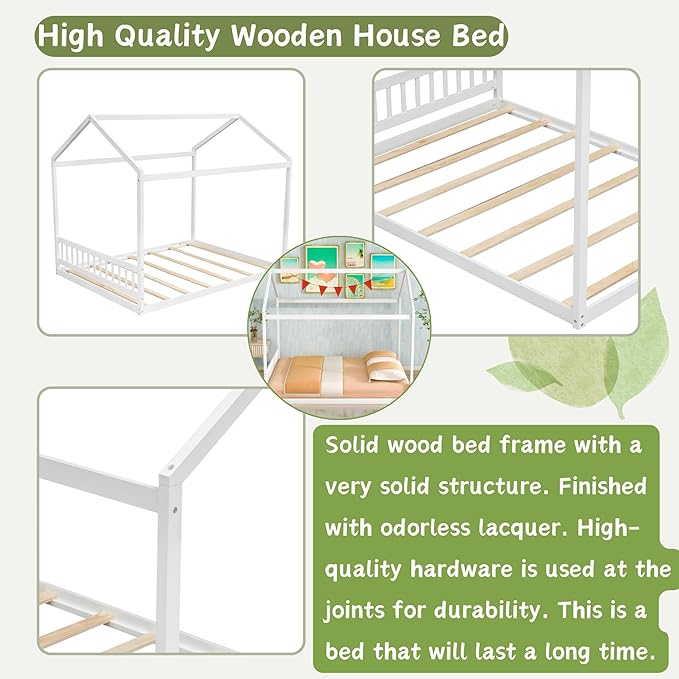Bellemave Queen House Bed with Roof Wood Montessori Floor Beds for Kids Wood House Floor Bed Frame for Girls Boys Teens Adults, No Spring Box Needed, White