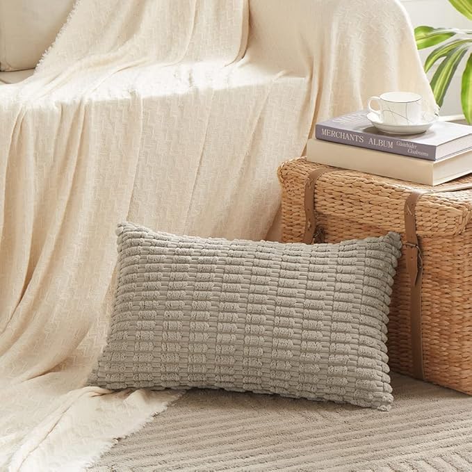 Fancy Homi 2 Packs Taupe Lumbar Decorative Throw Pillow Covers 12x20 Inch for Living Room Couch Bed Sofa, Rustic Farmhouse Boho Home Decor, Soft Striped Corduroy Rectangle Cushion Case 30x50 cm