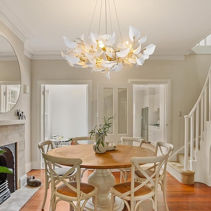 YUYI 31.5" Gold Tree Branches Chandelier, Ceramic Hearted Leaf Chandelier, Modern Round Chandeliers for Dining Room, Living Room Over Table, Kitchen, Foyer, Bedroom, Elegant Art Deco