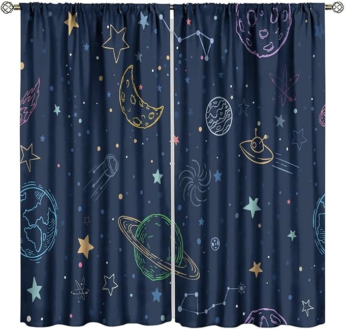 Navy Blue Space Curtains, Cartoon Outer Space Stars Planets Theme Galaxy Curtains for Kids Teens Bedroom Nursery Toddlers Room 72" W X 63" L