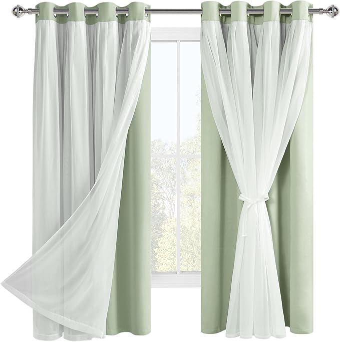 Hiasan Blackout Curtains with Sheer Overlay, Grommet Thermal Insulated Privacy Mix and Match Double Layer Window Curtains for Bedroom, Living Room, 2 Drape Panels with Tiebacks, Seafoam, 52W X 63L