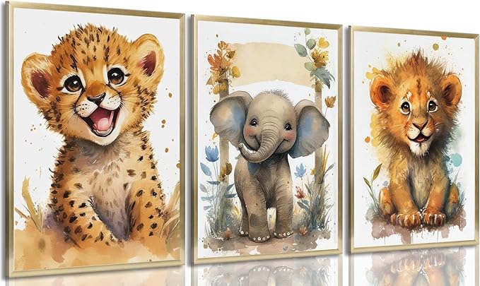 3Pcs Baby Safari Animal Wall Art Jungle Watercolor Animal Wall Decor Picture Painting Nursery Poster Prints Artwork for Boy Girl Room Home Decoration Unframed 12x16 In