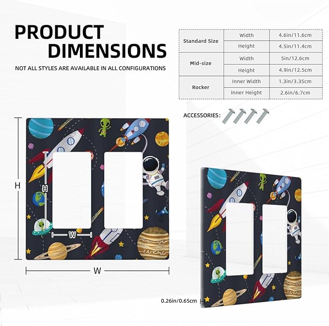 Rocket Planets Astronaut Blue Decorative Double Rocker Light Switch Cover 2 Gang Outlet Wall Plate Decorative GFCI Switchplate Electrical Faceplate for Nursery Kidsroom Bedroom Decor