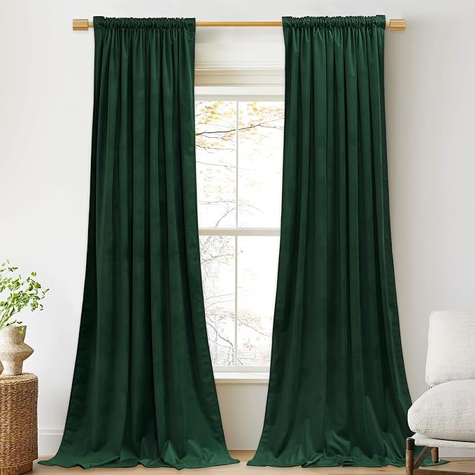 StangH Dark Green Curtains Velvet for Bedroom, Christmas Home Decoration Back Tab Rod Pocket Thermal Blackout Drapes for Villa Hall Sliding Door, Privacy Room Dividers, W52 x L108, 2 Panels