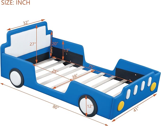 Twin Size Race Car-Shaped Platform Bed with Wheels, Unique Design Floor Bed with PU Leather Headboard and Safety Guardrails, Wood Slat Support for Kids,Boys,Girls (Blue-100A)