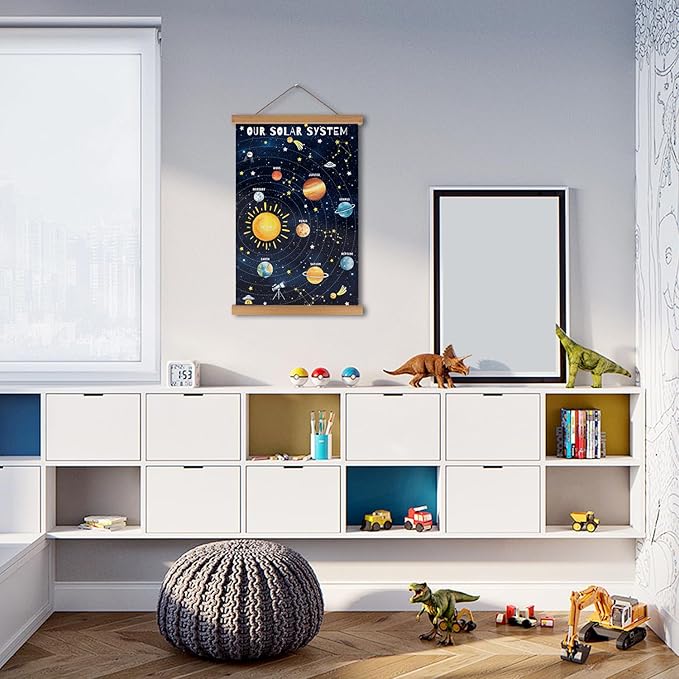KAIRNE Our Solar System Decor With Wood Magnetic Hanger,Universe Hanging Posters(35X56CM) Outer Space Themed Wall Art,Children Planets Learning Canvas For Kids Boys Bedroom Space Playroom Decor