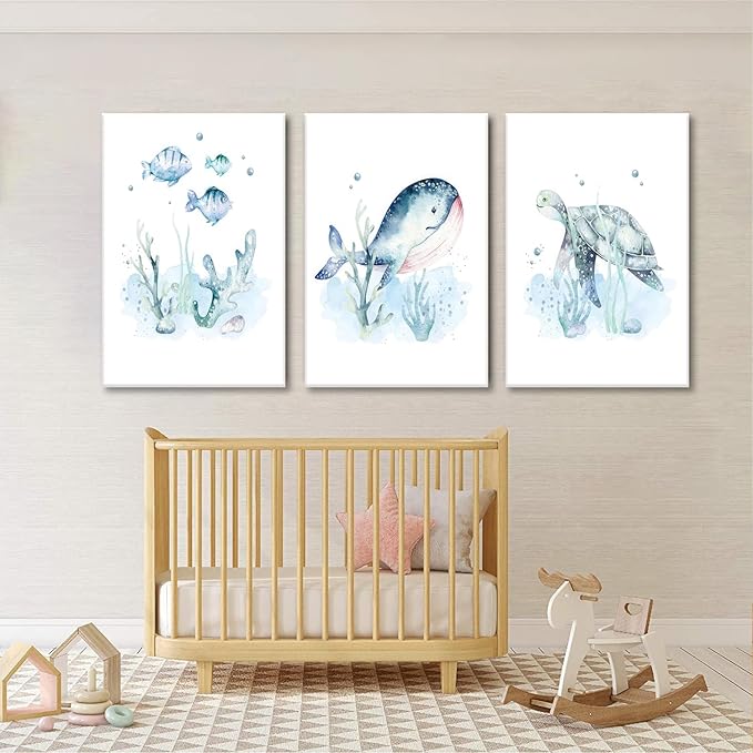 Wodkwq Ocean Nursery Decor, Set of 3 Boys Room Sea Animal Wall Art Picture Canvas Prints, 12x16 Inch Framed