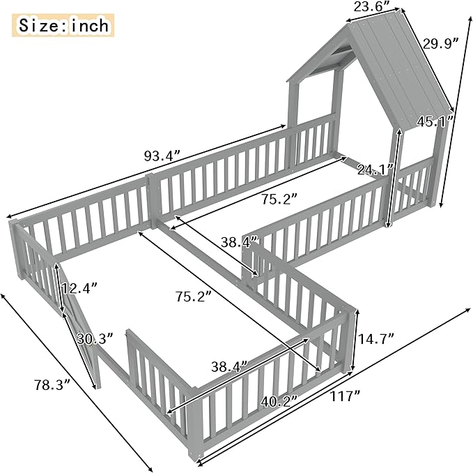Harper & Bright Designs Twin Size House Shaped Double Floor Bed with Door and Full-Length Guardrails, Solid Wood Kids Montessori Floor Bed for Girls Boys, Multi-Function, Grey