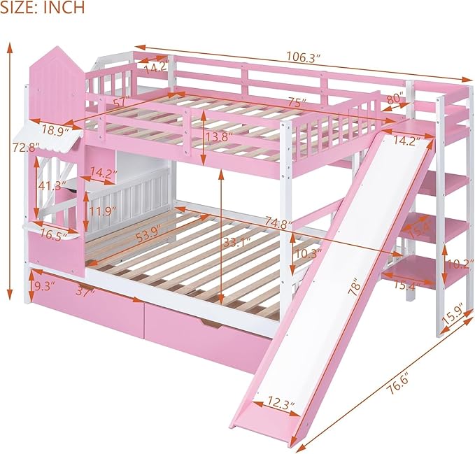 MERITLINE Full Over Full Castle Bunk Bed with Slide,Stairs and Drawers,Solid Wood Floor House Princess Bunk Bed with Storage Shelves (Pink,Full Over Full)
