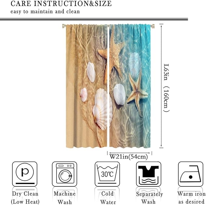 Beach Curtain for Bathroom Decor，Sea Turtle Starfish Seashell Nautical Ocean Coastal Scenery Art Printed Fabric Polyester Waterproof Set 2 Panels,42x63 Inches