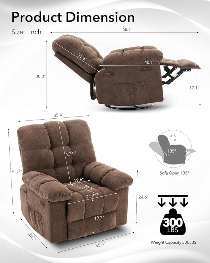 Swivel Recliner Chair, Upholstered Fabric Comfy Rocking Chair, Sturdy Q235 Steel Frame Nursery Glider, 300 LBS Capacity, for Small Spaces, Living Room, Bedroom, Brown