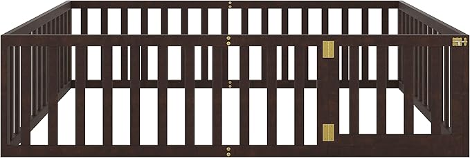 Merax Queen Floor Bed with Safety Guardrails and Door, Wood Montessori Floor Bed Frame for Kids, Queen Playhouse Bed Frame for Baby Girls and Boys, Walnut
