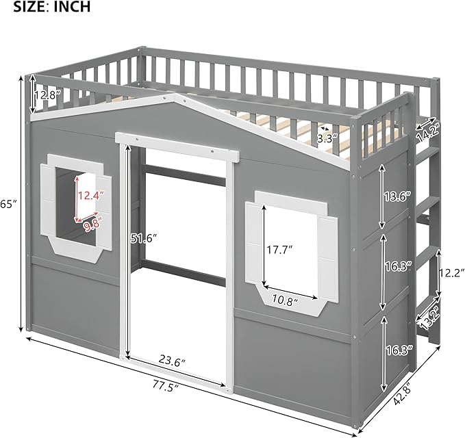 Twin Size Loft Bed with Safety Guardrail for Kids Boys Girls, Playhouse Design Solid Wood Loft Bed Frame with Ladder and Windows, Strong Wood Slats Support, Space-Saving (Gray+w Twin)