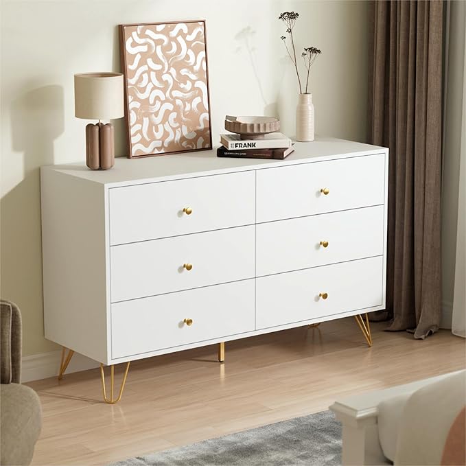 White Dresser for Bedroom, 6 Drawer Dresser with Golden Handles, Large Storage Cabinet, Modern Chest of Drawers Organizer Storage for Hallyway, Entryway