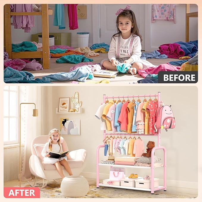Kids Clothing Rack with 2-Layer Storage Shelf and 2 Adjustable Hanging Rods, Small Baby Closet Organizer for Hanging Clothes, Kids Dress Up Rack for Child (Classic, Pink)