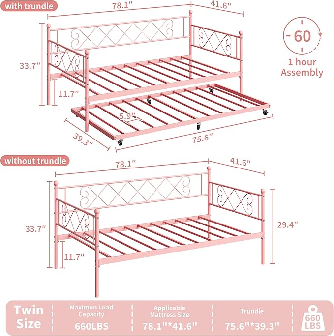 Daybed with Trundle, Trundle Bed Twin with Heart-shaped Headboard for Kids, Sturdy Metal Day Bed with Steel Slat Support, Twin Daybed for Living Room, Bedroom and Guest Room, Easy Assembly, Pink