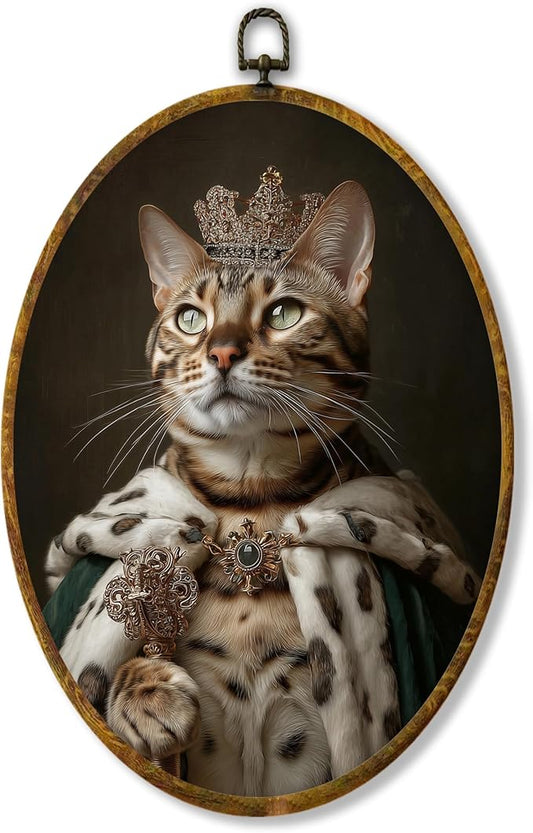 Hiuwevt Vintage Cat Renaissance Style Oval Wall Art Decor, Cat Gifts for Women Framed Canvas Prints, Moody King Kitten Oval Wall Hanging Decor for Home Bedroom Living Room Decorations, 8.6x11.4 Inches