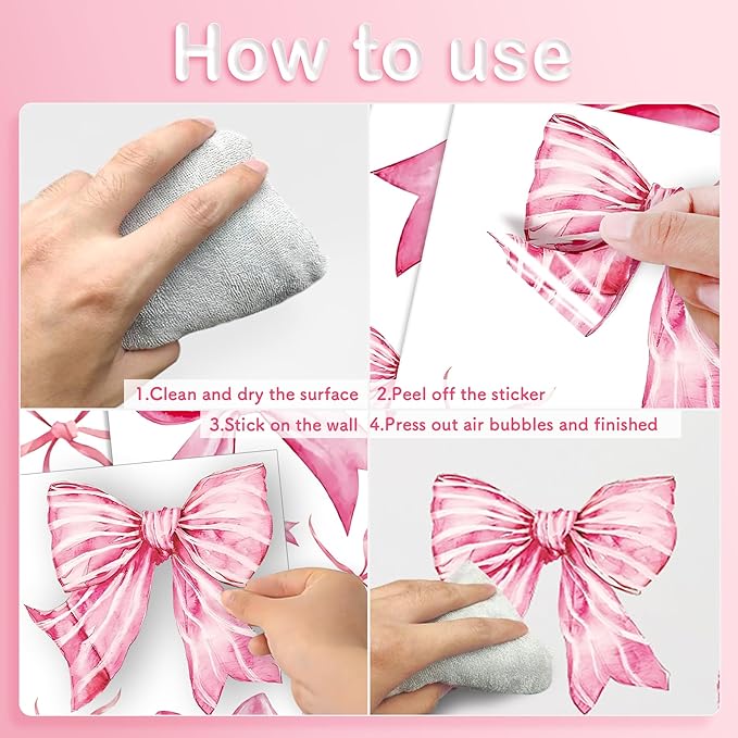Pink Bow Wall Stickers, 8Sheets 46Pcs Bow Knot Wall Decals Watercolor Bow Wallpaper Peel and Stick for Nursery Kindergarten Girls Bedroom Coquette Room Décor