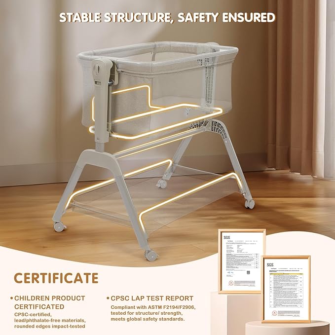 Ezebaby Baby Bassinet Bedside Crib, 3-in-1 Rocking Bassinets Bedside Sleeper with Comfy Mattress and Wheels, 6-Height Adjustable, Stable and Secure Crib for Newborn Infant