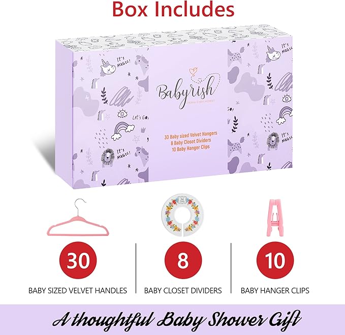 Velvet Baby Hangers with 10x Clips and 8X Dividers (30 Pack) | 11” Ultra-Slim Baby Clothes Hangers | Non-Slip Felt | Space-Saving Nursery & Infant Closet Organizer | Pink