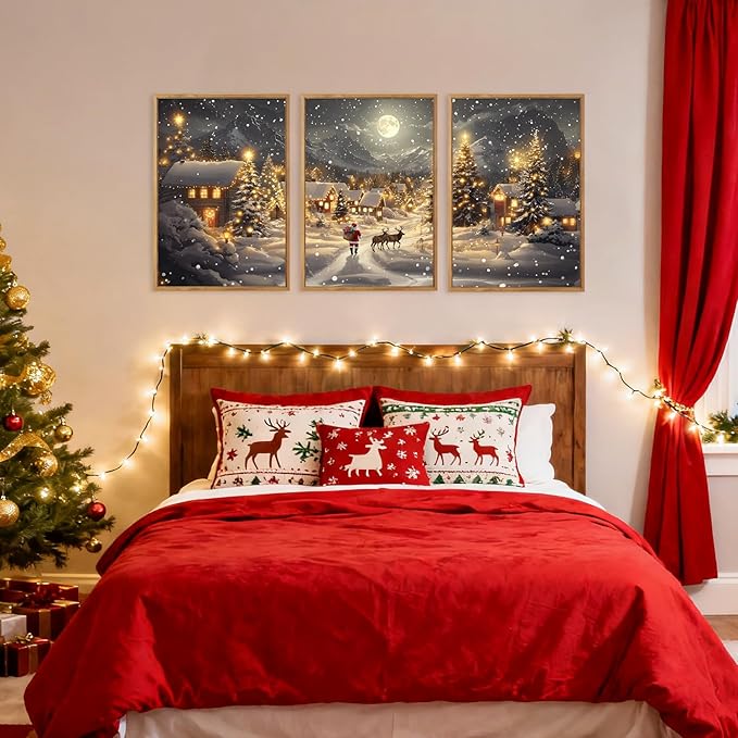 CHDITB Christmas Village Wall Art Set, Santa Claus and Reindeer Wall Decor, Moonlit Winter Artwork, Xmas Snowy Landscape Painting, Vintage Christmas Decor for Living Room Bedroom Fireplace 16"x24"x3