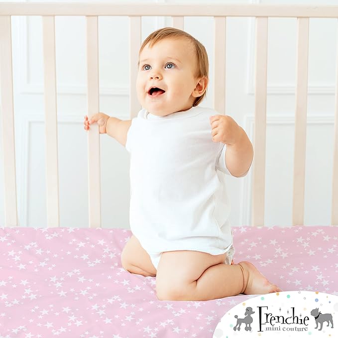 Frenchie Mini Couture Bassinet Sheets 100% Woven Cotton Pink Stars, 15 x 33in, 2-Pack