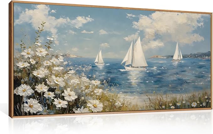 FWIEXA Coastal Wildflower Canvas Wall Art Framed, Ocean Sailboats Pictures Wall Decor, Beach Flower Seascape Painting, Blue Sky 20x40In Artwork for Living Room, Bedroom, Bathroom, Rustic Farmhouse