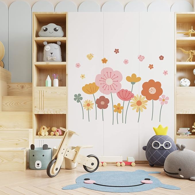 Zonon 6 Pcs Flowers Wall Decals Stickers Vinyl Removable Peel and Stick Colorful Dragonflies Floral Wall Murals Decor for Bedroom Living Room Nursery(Cute)