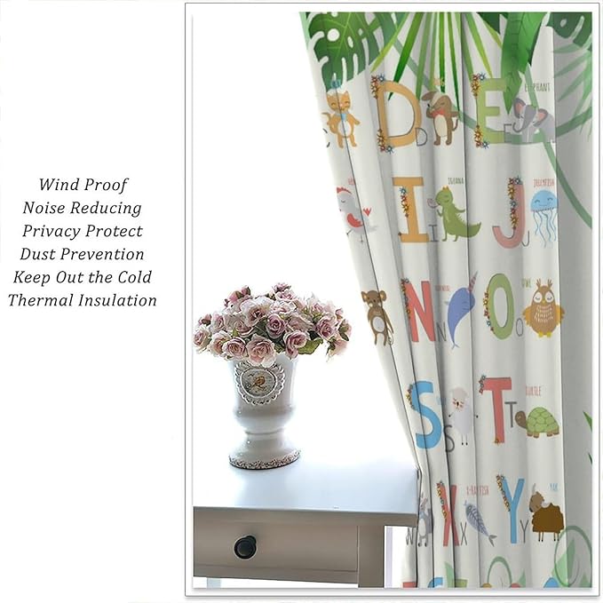 Kids Animal Alphabet Curtain Tropical Plant Alphabet Educational Printed Rod Pocket Blackout Window Drapes for Bedroom Living Room Nursery School 52" W X 84" L