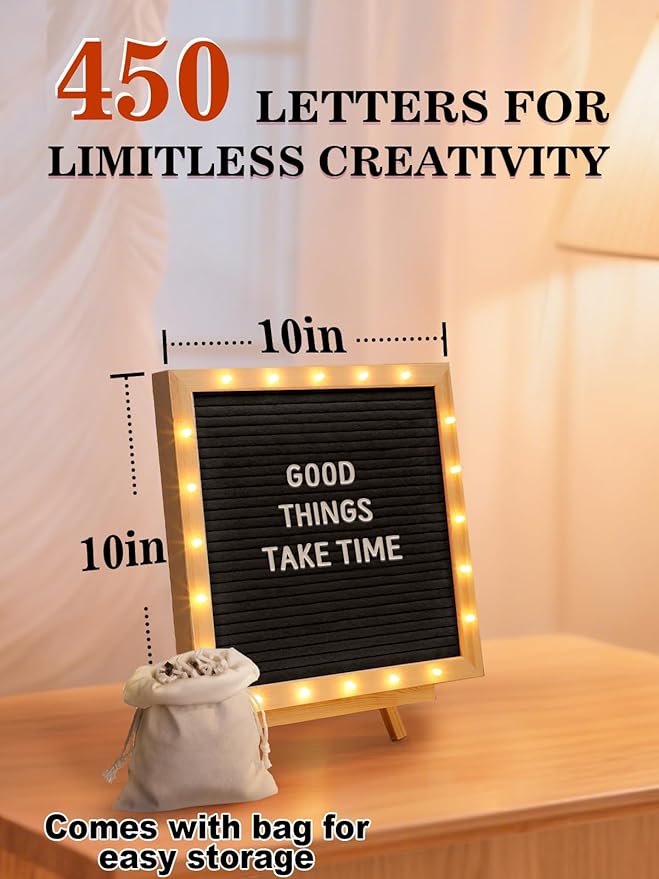 Changeable Felt Letter Board with LED Lights - 10×10" Message Custom Signs & Wood Stand & 450 Letters, Poster Board for Christmas/Pregnancy/Baby Announcement/Classroom Wall Decor Gifts, Black