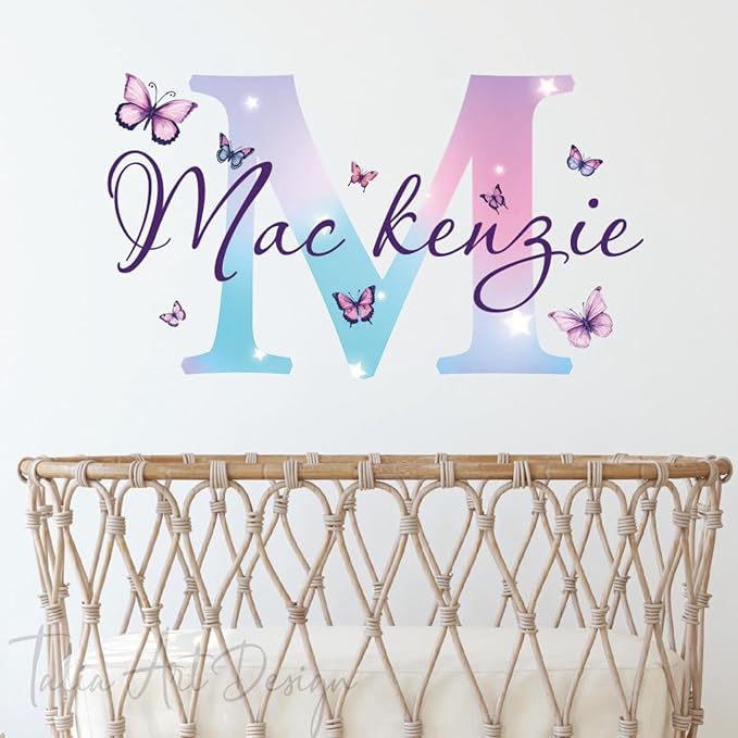 Watercolor Butterfly Name Wall Sticker, Custom Name Wall Decals for Girls Room and Nursery