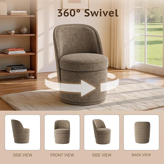 Swivel Accent Chair, 360° Swivel Chair with Hidden Storage, Modern Small Barrel Swivel Armchair for Living Room/Bedroom, Brown