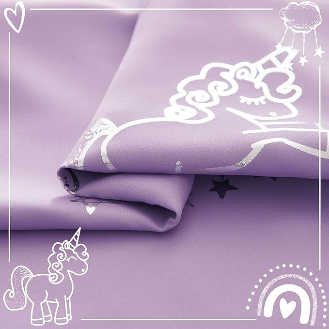 jinchan Purple Blackout Unicorn Curtains for Girls Kids Room Thermal Insulated Room Darkening Rainbow Curtains for Girls Bedroom Silver Foil Printed Grommet 84 Inches Long Purple Lilac 2 Panels