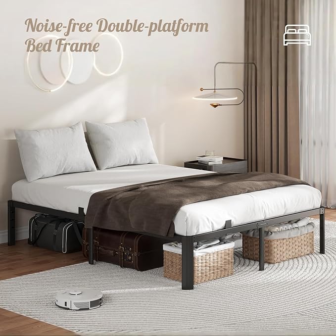 Metal Bed Frame Queen Size, 14 Inch 3500 lbs Heavy Duty Platform Bed Frames Steel Slats Noise Free No Box Spring Needed, Easy Assemble Sturdy Bedframe with Storage and Mattress Retainers