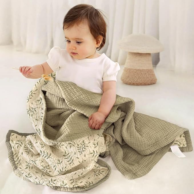 lulumoon Baby Muslin Blanket Neutral: Skin-Friendly Leaf Toddler Blanket - Ideal for Stroller 47"× 47" (Olive Branches)