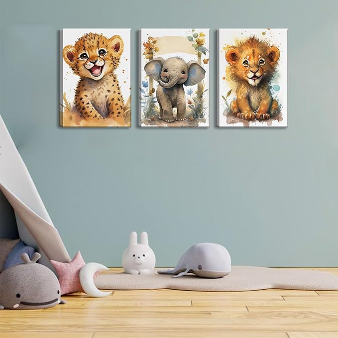 HKMXCD 3Pcs Baby Safari Animal Canvas Wall Art Jungle Watercolor Animal Wall Decor Picture Lovely Painting Artwork Kids Room Prints for Boy Girl Room Home decoration 12x16in