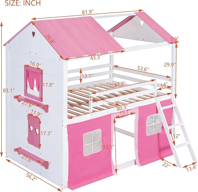 Full Size House Bunk Bed with Elegant Windows and Sills, Solid Wood Tent Bed Frame with Guardrails for Kids Teens Boys Girls, Versatile Spacious Under Bed Space with Curtains (White+Pink C)