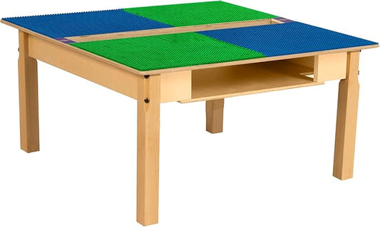 Contender Time-2-Play Kids Wooden Square Lego Compatible Play Table 35" Wide with 16" Legs, Montessori Building Blocks Desk with Trough and Shelf [Blue and Green]