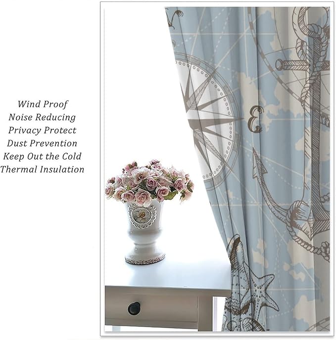 Nautical Theme Window Curtains,Pirate Sailboat Curtains for Bedroom,Conch Starfish Print Draperies for Living Room,Ocean Window Treatment Curtains Set 2 Panels,72x63 Inches