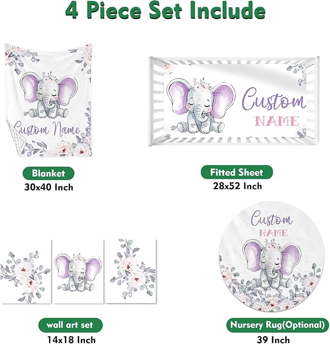 Custom Baby Crib Bedding Set,Personalized Name Light Purple Elephant Nursery Bed Set 4 Piece,Baby Blanket Fitted Sheet Nursery Rug Wall Art Set,Custom Room Decor Idea Gift for Newborns Boys Girls