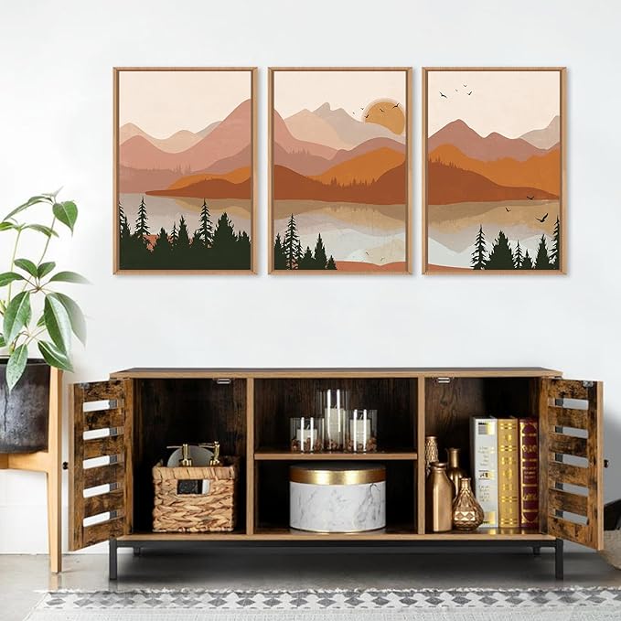 HLNIUC Burnt Orange Wall Decor, Boho Mountain 16x24 Wall Art Framed Large, Southwest Terracotta Nature Art Canvas Painting, Mid Century Modern Rustic Sunset Prints for Living Room, Bedroom, Office