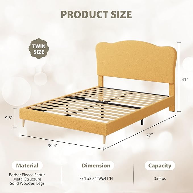 GarveeHome Upholstered Twin Size Bed Frame for Kids with Scallop Headboard, Cute Velvet Twin Bed for Girls, Boys, Sturdy Platform Bed, No Box Spring Needed, Wooden Slats, Noise Free, Yellow