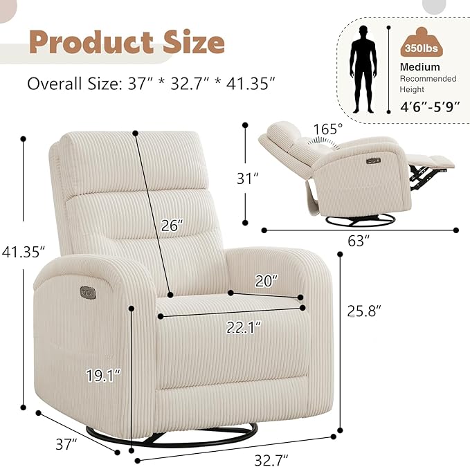 Power Nursery Swivel Recliner, Electric Rocking Recliner with USB and Type-C Port, Swivel Glider Nursery Recliners for Living Room,Corduroy White