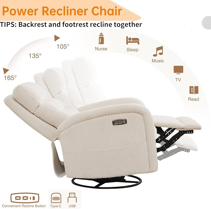 Power Glider Recliner Nursery Rocking Chairs with USB, Electric Swivel Rocker Recliner Glider Chair for Living Room, Upholstered Recliner Chairs for Nursery, Bedroom, Corduroy White