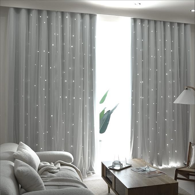 Kinryb Sheer Overlay Curtains for Girls Bedroom,84 Inches Grey Panle,2 Free Tiebacks Double Layer Curtains for Bedroom,Star Cutout Panle for Kids Room(52W*84L Inches,2 Panel Greyish White)